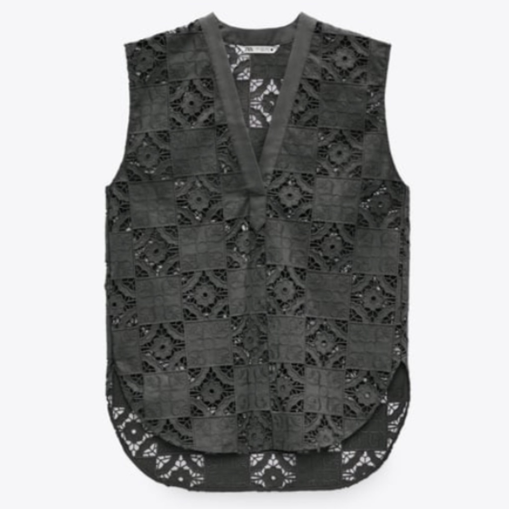 Zara oversized khaki openwork embroidered sleeveless top NWT
